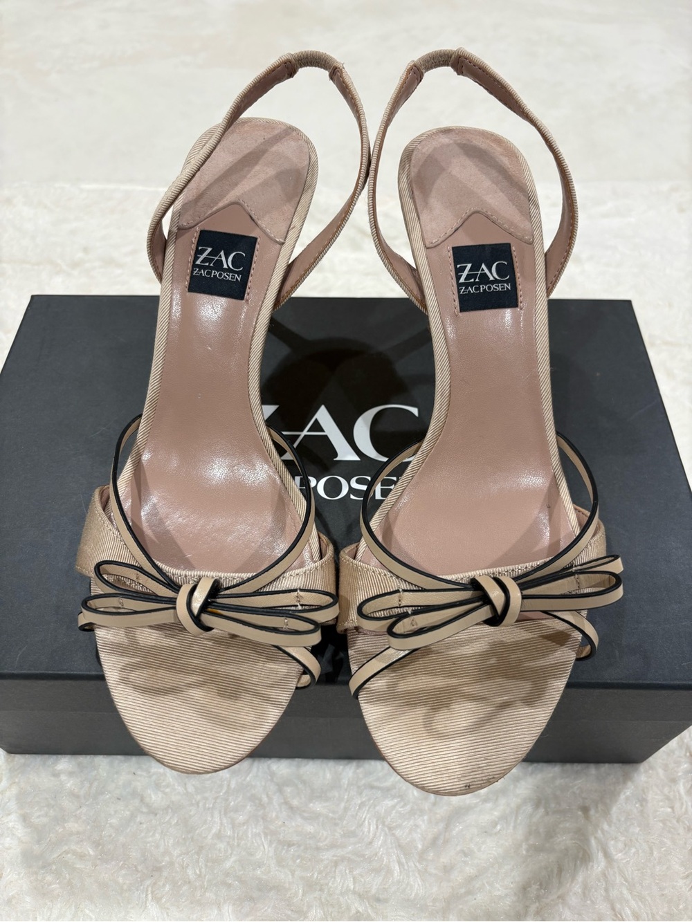 Zac Posen Beige w/Black Trim Slingback Heels with Bow Trim Size 8